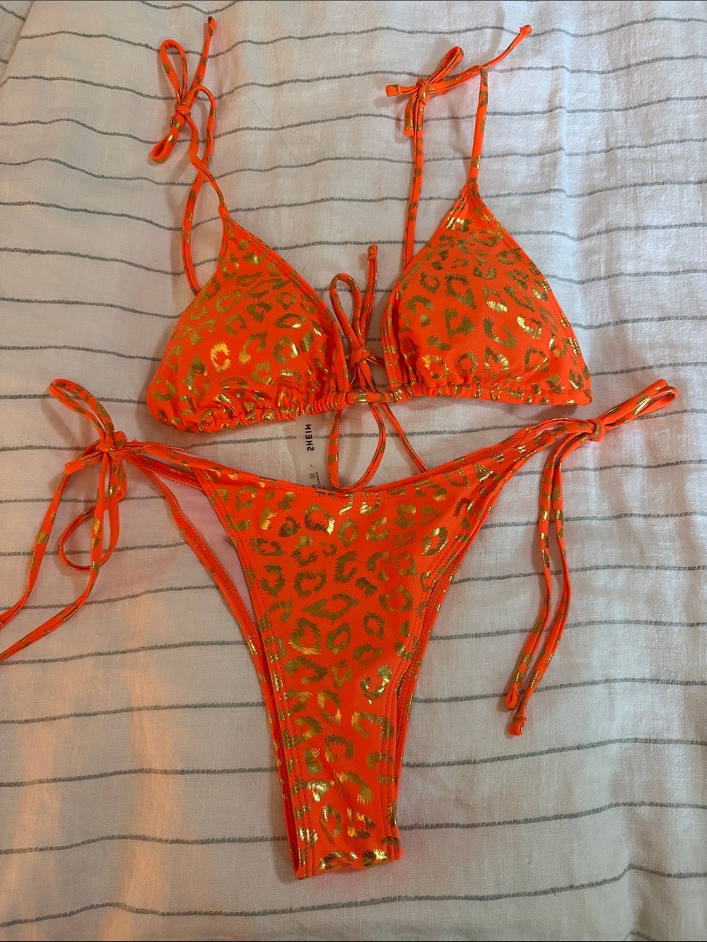 Orange Metallic Leopard Print Tie Bikini